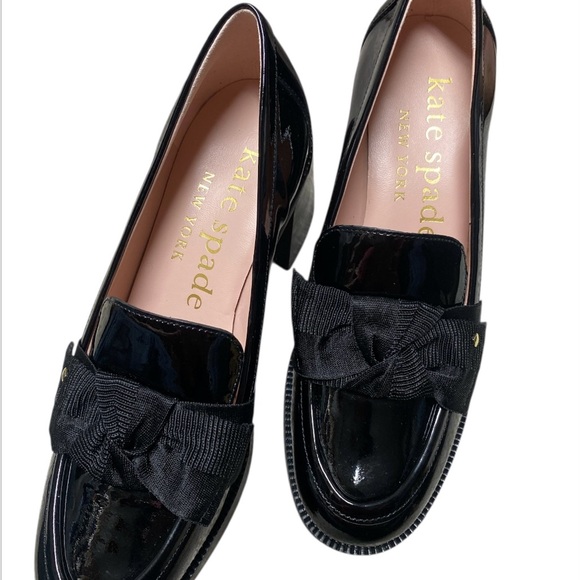 Kate Spade Leandra Heel Black Patent Loafers with Bow Accent - Picture 2 of 6